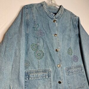Denim & Co. Women's Denim Chore Jacket 1X Floral Embroidery Light Wash Long